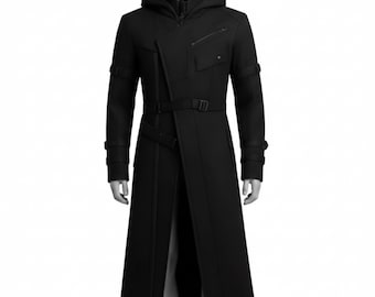 Cyberpunk Trench Coat | Hooded Gothic Streetwear | Futuristic Long Coat in Cotton, Wool or Velvet