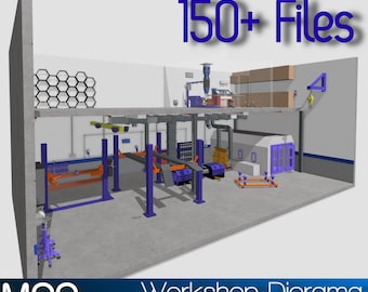Puede incluir: Una representación 3D de un diorama de taller, con varios equipos y herramientas de reparación de automóviles. La escena incluye un elevador de automóviles, una cabina de pintura y otra maquinaria, con el texto "150+ Files" y "Workshop Diorama MEGA Bundle Pack".