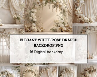 Elegant White Rose Draped Backdrop PNG – 16 Luxury Wedding Digital Backgrounds