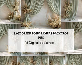 Sage Green Boho Pampas Backdrop 16 PNG | Neutral Wedding & Studio Photography Background