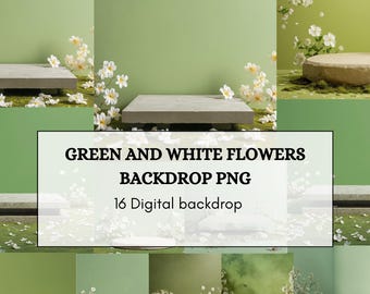 Green and White Flowers Backdrop PNG – 16 Elegant Garden Digital Backgrounds