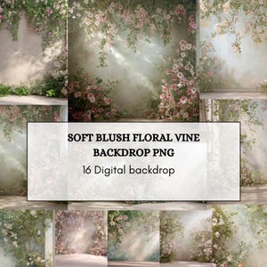 May include: A set of 16 digital backdrops featuring soft blush floral vines. The images depict scenes with blooming flowers and greenery, ideal for photography backgrounds. The text on the image reads "SOFT BLUSH FLORAL VINE BACKDROP PNG".