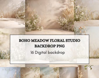 Boho Wiese Blumen Hintergrund PNG, Neutral Wildflower Studio Hintergrund, digitaler Download