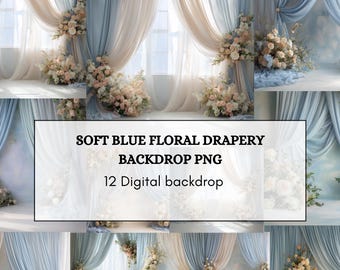 Soft Blue Floral Drapery Backdrop PNG – 12 Elegant Wedding Digital Backgrounds
