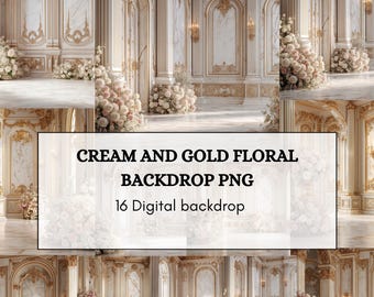 Cream and Gold Floral Backdrop PNG – 16 Luxury Elegant Wedding Digital Backgrounds