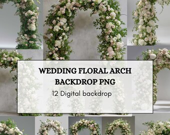 Wedding Floral Arch Backdrop PNG – 12 Elegant White & Blush Rose Digital Backgrounds