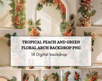Tropical Peach and Green Floral Arch Backdrop PNG – 14 Elegant Wedding Digital Backgrounds