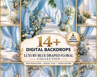 Luxury Blue Draped Floral Backdrop PNG | Elegant Wedding & Studio Photography Background (16 PNG)