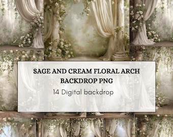 Sage and Cream Floral Arch Backdrop PNG – 14 Elegant Wedding Digital Backgrounds