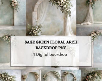 Sage Green Floral Arch Backdrop PNG – 14 Elegant Wedding Digital Backgrounds