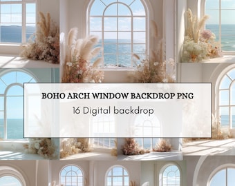 Boho Arch Window Photography Backdrop, Neutral, 16 PNG (Digital Download