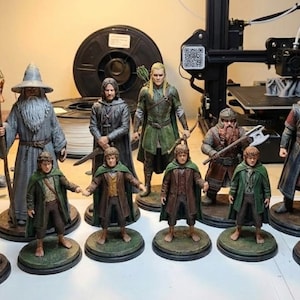 May include: A collection of detailed figurines depicting characters from a fantasy series. The figures are painted in various colors and stand on circular bases. The collection includes a wizard, elves, hobbits, and other characters.