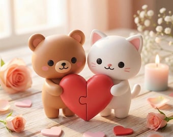 Valentine Bear & Cat STL-bestand |  3D-print koppel | Romantisch cadeaudecor | Digitale download |