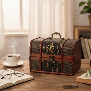 Op de afbeelding: Een decoratieve houten kist met een donkerbruine afwerking, een handvat en een sluiting. De kist heeft een zwarte bovenkant met goudkleurige Aziatische karakters. De zijkanten zijn van een geweven gaasmateriaal. Een kopje koffie, een bril en een boek liggen op tafel.