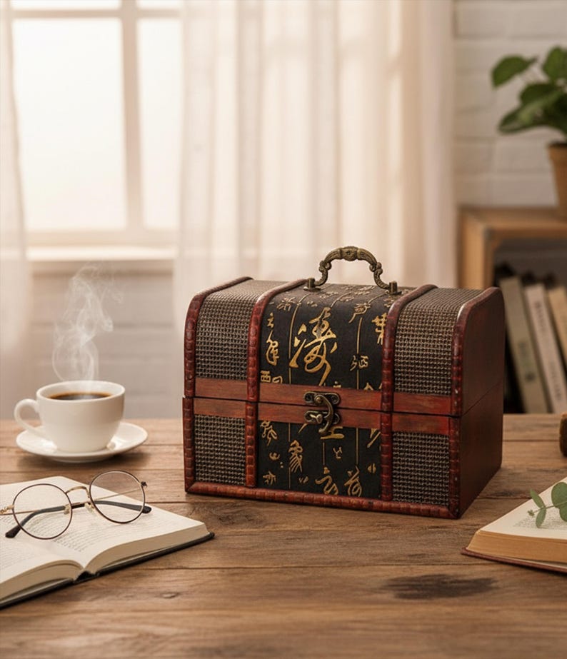 Op de afbeelding: Een decoratieve houten kist met een donkerbruine afwerking, een handvat en een sluiting. De kist heeft een zwarte bovenkant met goudkleurige Aziatische karakters. De zijkanten zijn van een geweven gaasmateriaal. Een kopje koffie, een bril en een boek liggen op tafel.