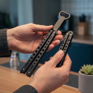 May include: Black butterfly knife bottle opener. The bottle opener is held open in one hand and closed in the other. The knife has a series of holes along the handle and a bottle opener at the top. The background is blurred.