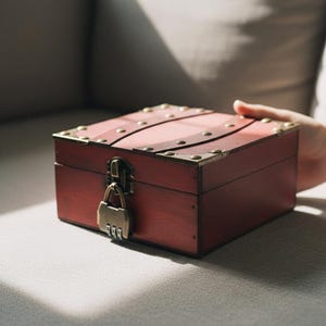 Puede incluir: Un cofre del tesoro de madera roja con detalles de latón y una cerradura de combinación. El cofre rectangular tiene bandas curvas en la tapa, esquinas de latón y remaches. La cerradura tiene una combinación de tres dígitos.