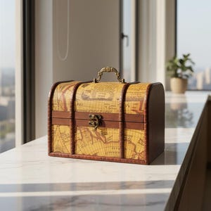 May include: A decorative wooden chest with a map design. The chest has a brass handle and clasp, with dark brown trim and a yellow map pattern. The chest is sitting on a white surface near a window.