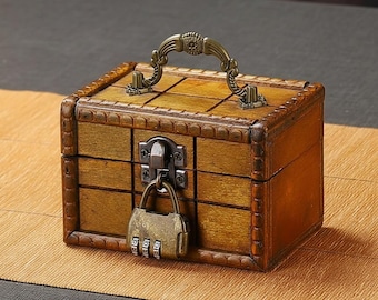 Rustikale hölzerne Schatztruhe mit Zahlenschloss, Vintage geheime Aufbewahrungsbox für Andenken, Kindergeburtstagsgeschenk, Ostergeschenkbox