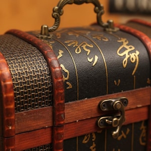 Op de afbeelding: Close-up van een decoratieve zwarte kist met goudkleurige accenten en een metalen handvat. De kist heeft een houten frame met een donkerbruine afwerking en een decoratief metalen gaas aan de zijkanten. De kist heeft een metalen sluiting.