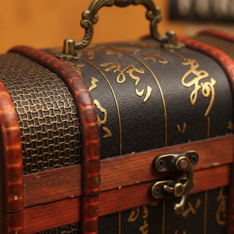 Op de afbeelding: Close-up van een decoratieve zwarte kist met goudkleurige accenten en een metalen handvat. De kist heeft een houten frame met een donkerbruine afwerking en een decoratief metalen gaas aan de zijkanten. De kist heeft een metalen sluiting.