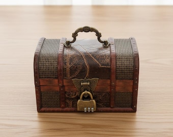 Festliche rustikale Holzschatztruhe mit Griff, kleine Vintage Aufbewahrungsbox, Mini-Andenken für Kindergeburtstag, Freundgeschenk,