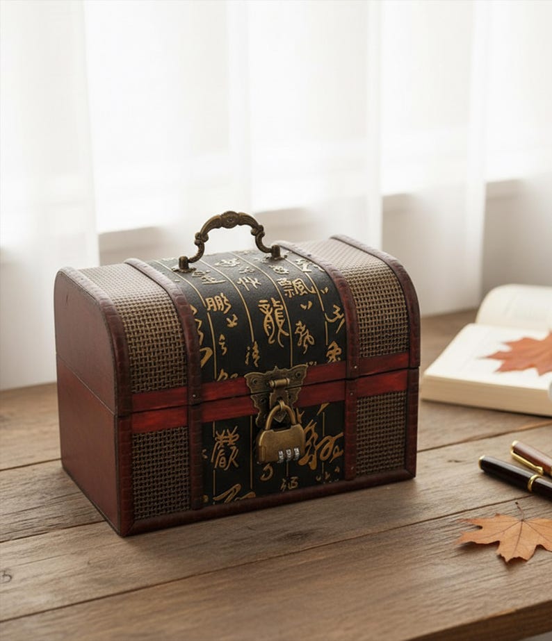 Op de afbeelding: Een decoratieve houten kist met een gebogen bovenkant, voorzien van een combinatieslot en een handvat. De kist is voornamelijk bruin met zwarte panelen versierd met goudkleurige Aziatische karakters. Een rode streep accentueert de voorkant.