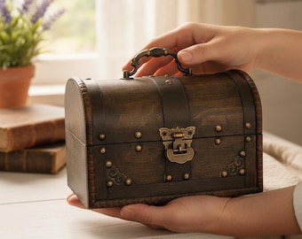 Vintage Holz Mini Schatzkiste mit Griff, kleine Aufbewahrungsbox, rustikales Andenken für Kinder, Freund Geburtstagsgeschenk, Ostergeschenk