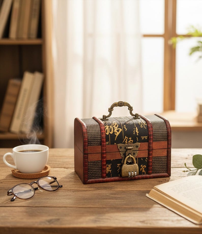 Op de afbeelding: Een kleine houten kist in antieke stijl met een combinatieslot. De kist heeft een zwart-bruin ontwerp met goudkleurige accenten en een metalen handvat. Hij staat op een houten tafel, naast een kopje koffie en een bril.