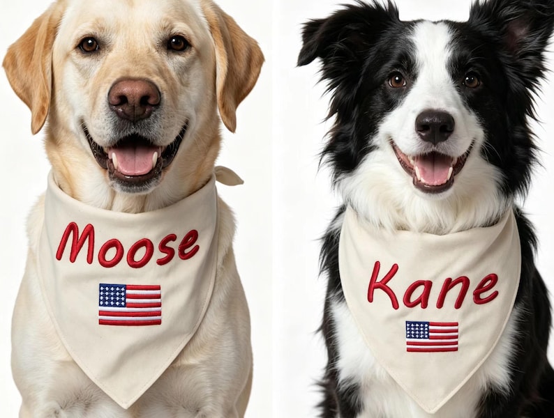 May include: Two dogs wearing cream-coloured triangular pet bandanas. The left bandana features the embroidered red text Moose above a small American flag. The right bandana features the embroidered red text Kane above a small American flag.