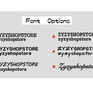 May include: A digital display titled Font Options featuring six distinct black embroidered-style text samples of the word ZYZYSHOPSTORE in both uppercase and lowercase, numbered one through six, presented on a light grey background.