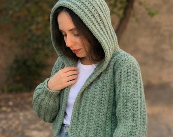 Chunky Crochet Hoodie Pattern PDF, Oversized Hooded Cardigan, Cropped Balloon Sleeve Sweater, Super Bulky Yarn, Beginner Friendly
