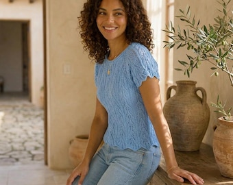 Summer Top Knitting Pattern, Lace Raglan Tee PDF, Cotton Knit Top Pattern in English German Italian Dutch, Instant Download