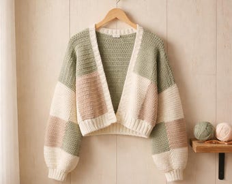 Patchwork Crochet Cardigan Pattern PDF, Oversized Color Block Sweater