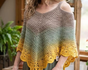 Selenya Shawl Poncho Crochet Pattern PDF, Mesh Lace Top, Gradient Crochet Poncho, Summer Boho Shawl, Cold Shoulder Top Pattern