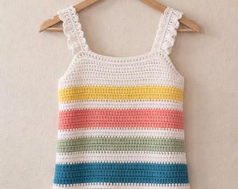Crochet Tank Top Pattern, Ruffle Strap, Rainbow Stripes, Boho Summer Style (PDF Download)