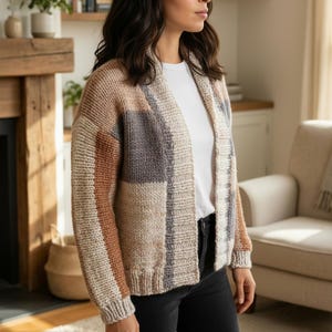 Suéter de punto grueso fácil (PDF), patrón de cárdigan de punto de una pieza, cárdigan extragrande con bloques de color, patrón de tejido para principiantes