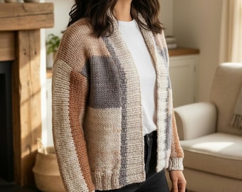 Chunky Knit Cardigan Pattern, Color Block Oversized Sweater PDF, Beginner Knitting