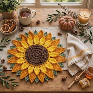 May include: A round, crocheted sunflower-shaped mat featuring a dark brown centre and layered yellow and orange petals with green leaves underneath. The mat is displayed on a wooden surface alongside a ceramic mug, a small pumpkin, and a linen napkin.
