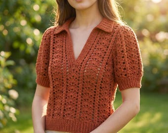 Crochet Puff Sleeve Shirt Pattern, V Neck Lace Top Tutorial (PDF Download)