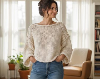 Cozy Cloud Chunky Knit Sweater Pattern, Oversized Boxy Pullover, Rolled Edges, Beginner Friendly, One Size S-XL, PDF Download