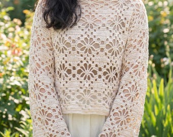 Floral Lace Crochet Sweater Pattern, Bell Sleeve Pullover (PDF)