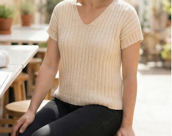 Knitting Pattern PDF, Relaxed Summer Tee, Drop Shoulder Knit Top, Intermediate Knitting Guide