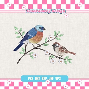 Bluebird and Sparrow Embroidery Cottagecore Bird on Branch Crewneck, Nature Lover Sand Pullover