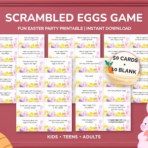 May include: A printable Easter party game titled "Scrambled Eggs Game." The game includes 50 cards and 10 blank cards. The cards feature colorful illustrations of Easter eggs and bunnies. The game is suitable for kids, teens, and adults.