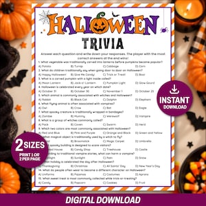 May include: A Halloween trivia game sheet featuring fifteen multiple-choice questions with a pumpkin graphic in the title. The document includes a purple circular badge stating 2 SIZES PRINT 1 OR 2 PER PAGE and an INSTANT DOWNLOAD icon.