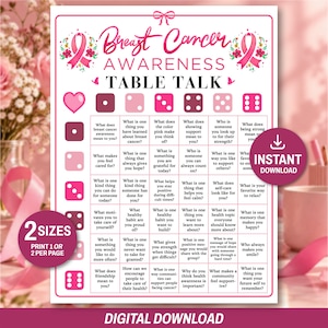 Puede incluir: Una tarjeta de juego rectangular blanca Breast Cancer Awareness Table Talk con texto rosa, un gráfico de lazo rosa y una cuadrícula de preguntas. La tarjeta presenta iconos de dados, un corazón y el texto "Breast Cancer AWARENESS TABLE TALK".