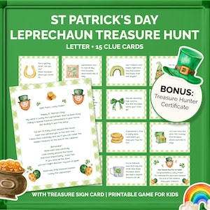 May include: A St. Patrick's Day Leprechaun Treasure Hunt game set with 15 clue cards, a treasure sign card, and a bonus treasure hunter certificate. The cards feature illustrations of leprechauns, pots of gold, and rainbows. The text reads "Happy St. Patrick's Day!"
