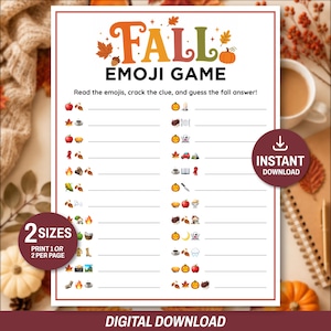 May include: A white paper sheet titled FALL EMOJI GAME with orange, yellow, and green text. It features two columns of emoji sequences followed by blank lines for answers. The text reads: Read the emojis, crack the clue, and guess the fall answer!