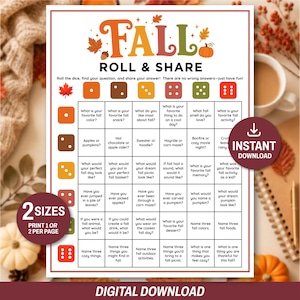 May include: A Fall Roll & Share game sheet featuring a grid of questions for dice rolling. The header reads FALL ROLL & SHARE with autumn leaf and pumpkin graphics. The grid contains six rows and six columns of prompts about autumn themes.